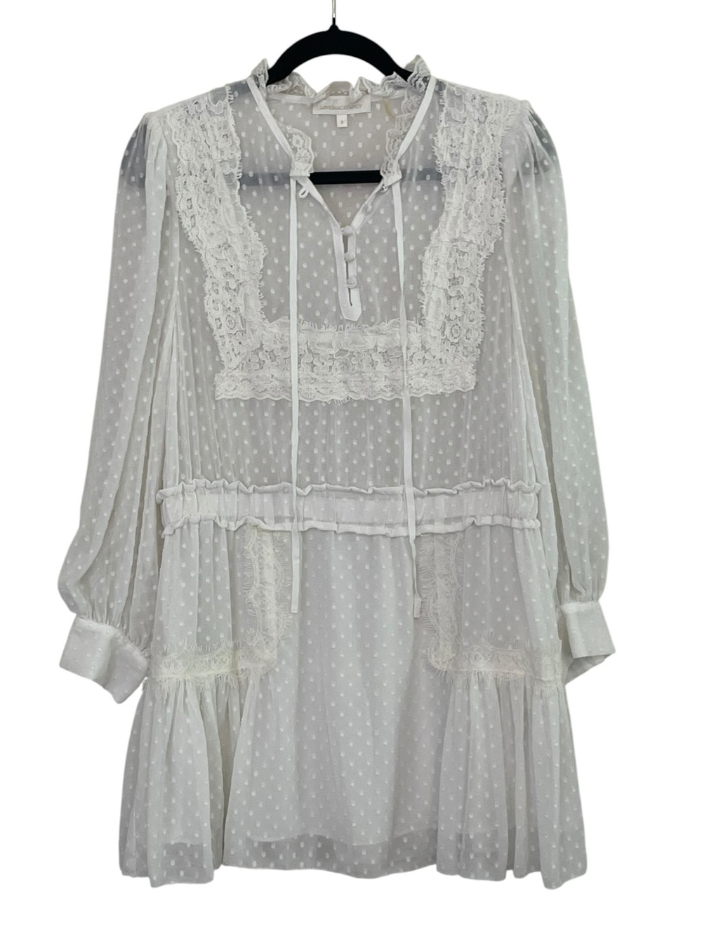 LoveShackFancy Lace Ruffle Tiered Mini Dress Sz S Ivory Swiss Dot Chiffon Boho